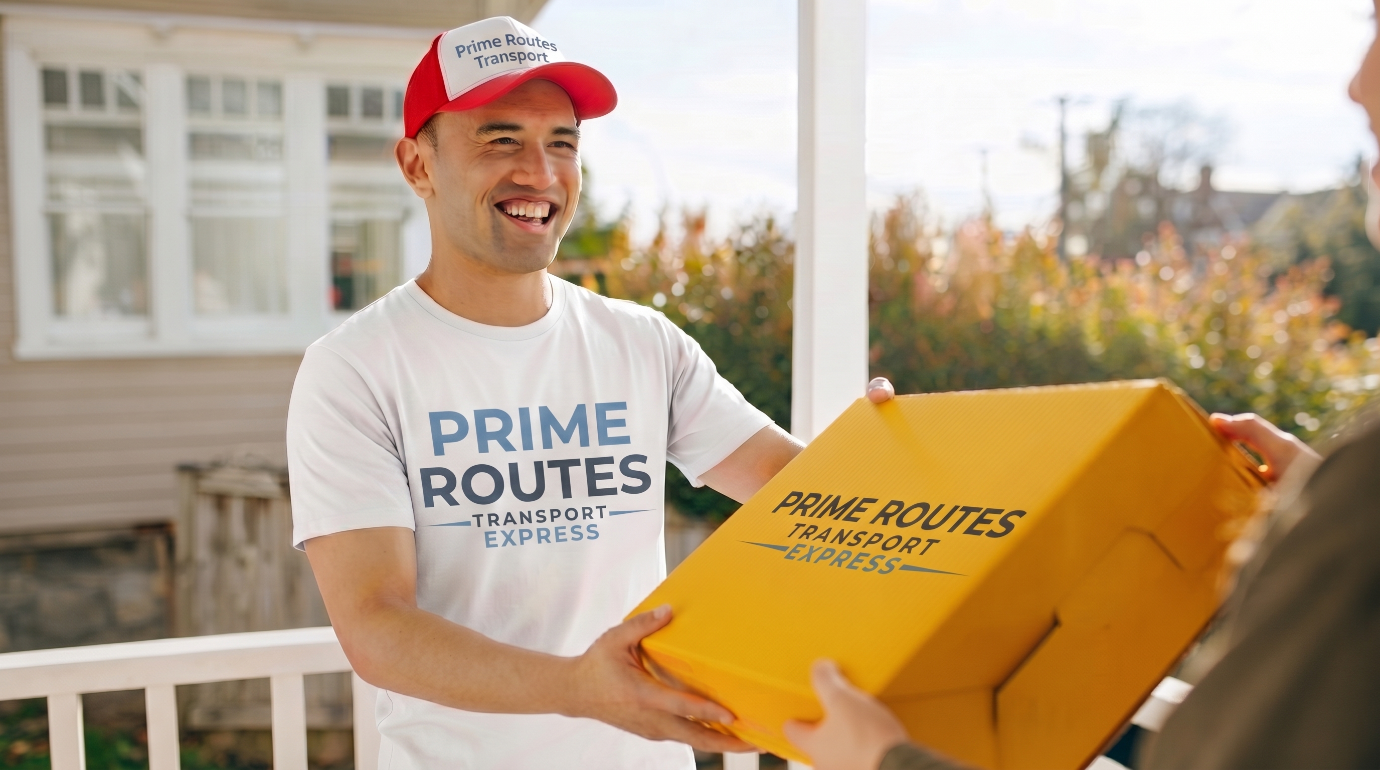 Prime Routes Transport delivery agent handing over a package at a client's doorstep